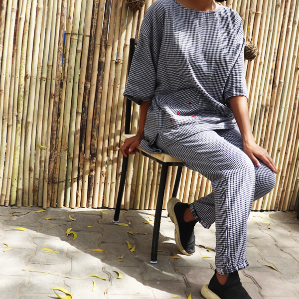 Kirgiti's ' Double Weave Organic Cotton and Hand Embroidered Black Checkered Comfort Fit Pants - image 3